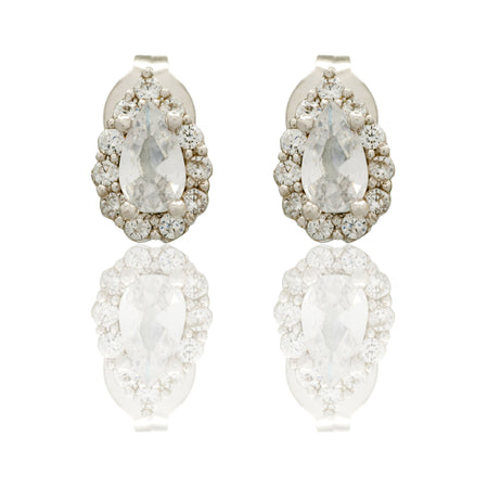 Orecchini Oro Bianco Oro 18 carati Goccia A Lobo Centro E Contorno Zirconi Bianchi