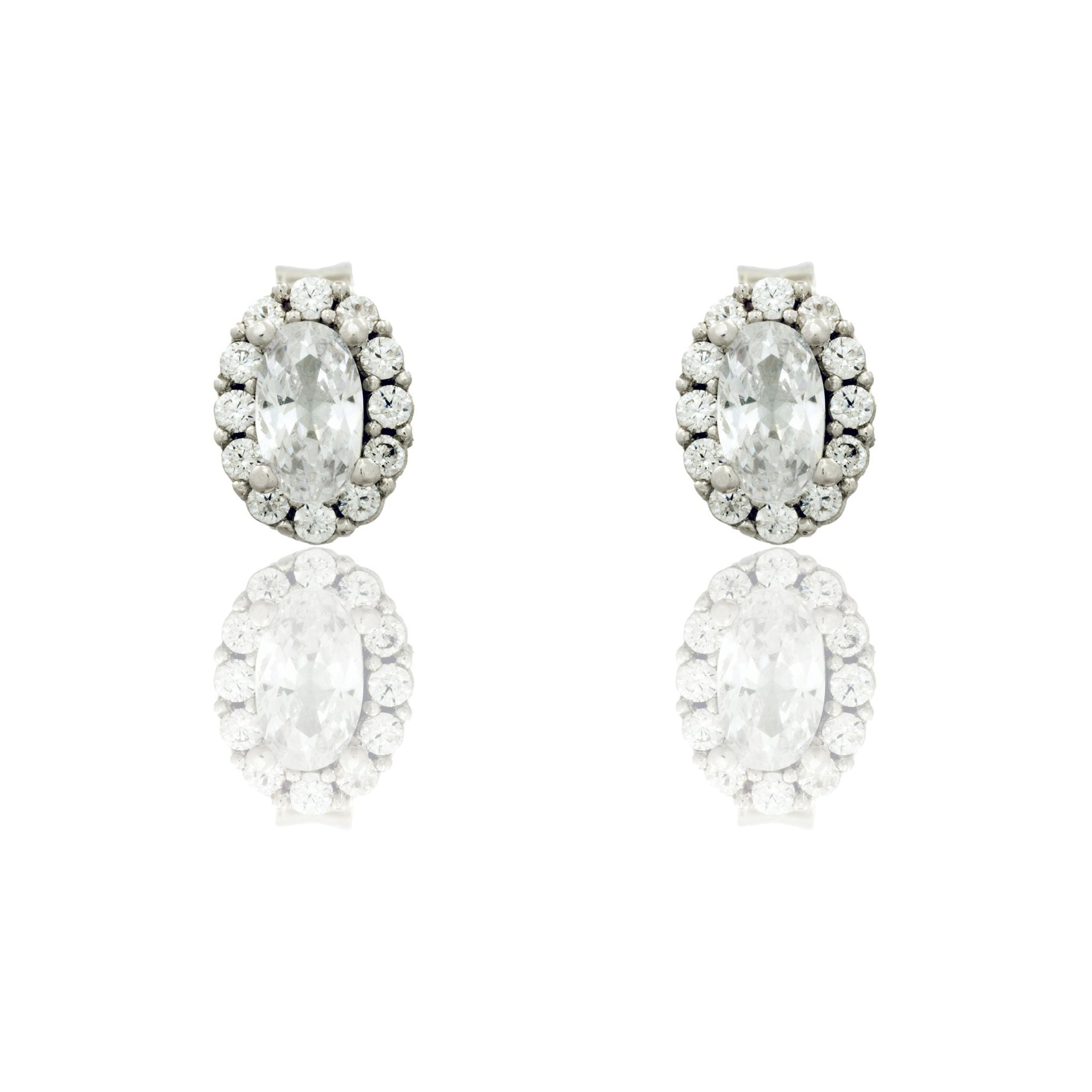 Orecchini Oro Bianco Oro 18 carati Ovale A Lobo Centro E Contorno Zirconi Bianchi