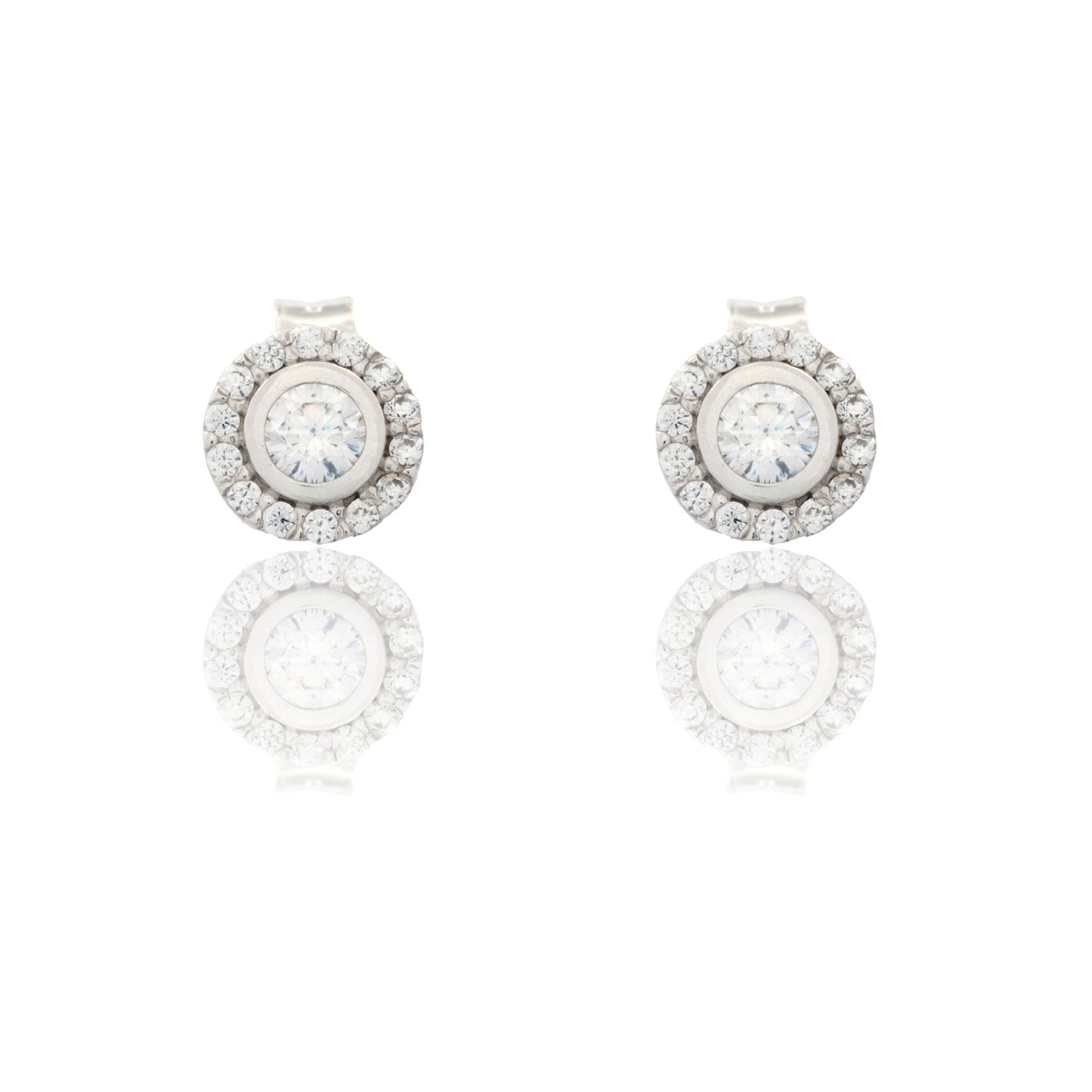 Orecchini Oro Bianco Oro 18 carati Punto Luce Tondo Con Contorno Zirconi Bianchi