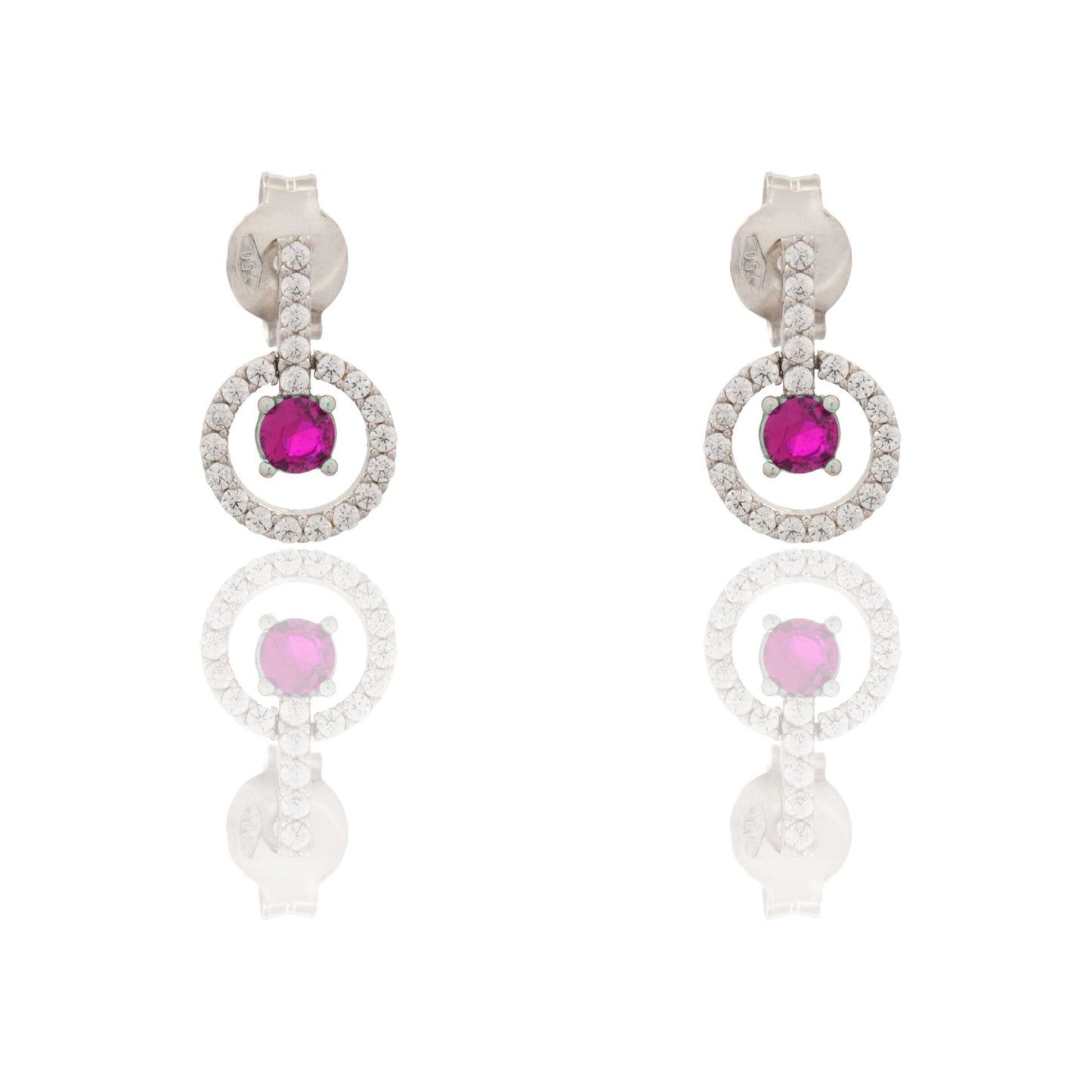 Orecchini Oro Bianco Oro 18 carati Cerchio Pendente Con Pietra Centrale Zircone Rosso, Zirconi Bianchi 