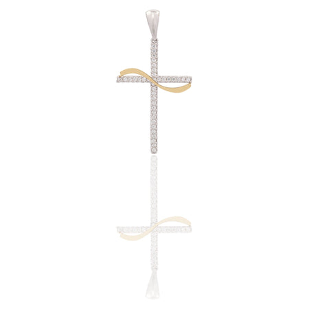 Ciondolo Oro Giallo, Oro Bianco Oro 18 carati Croce Dritta Con Filo Ondulato  Zirconi Bianchi cm.3,5 x 2
