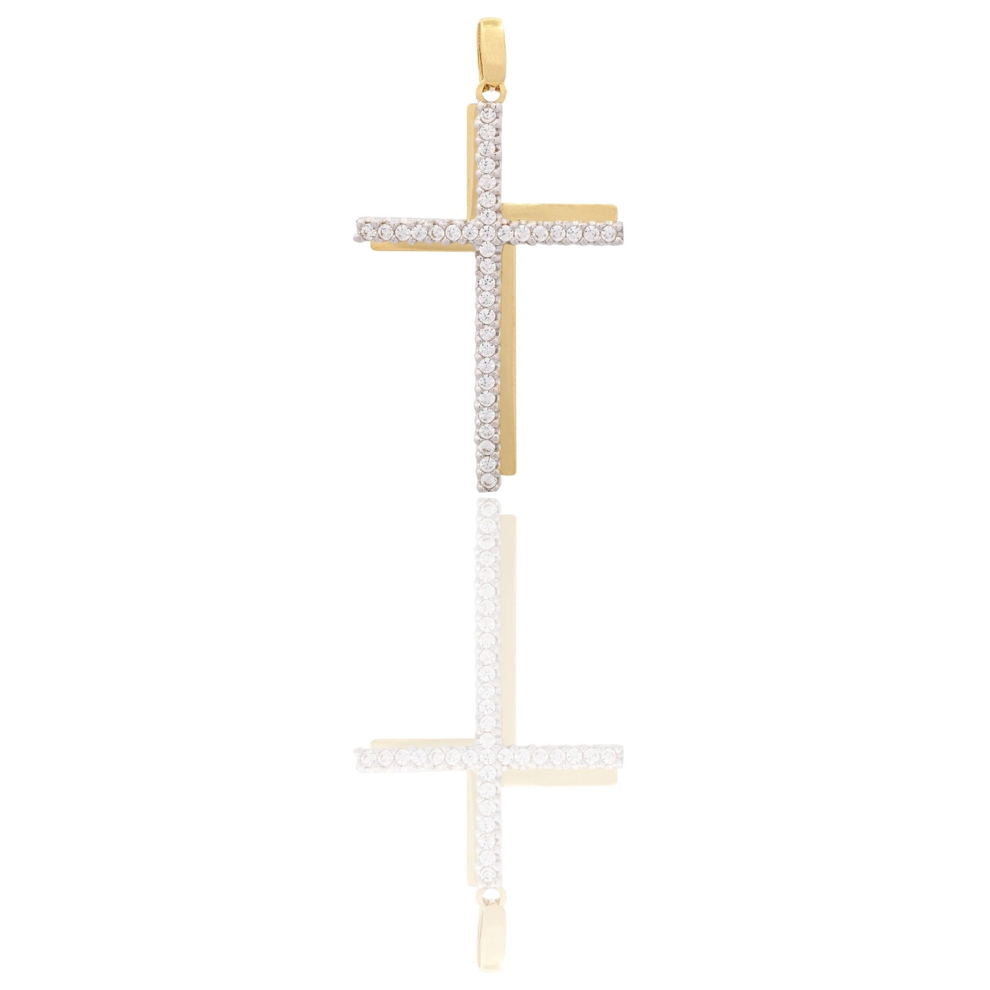 Ciondolo Oro Giallo, Oro Bianco Oro 18 carati Croce Stilizzata Dritta Zirconi Bianchi 