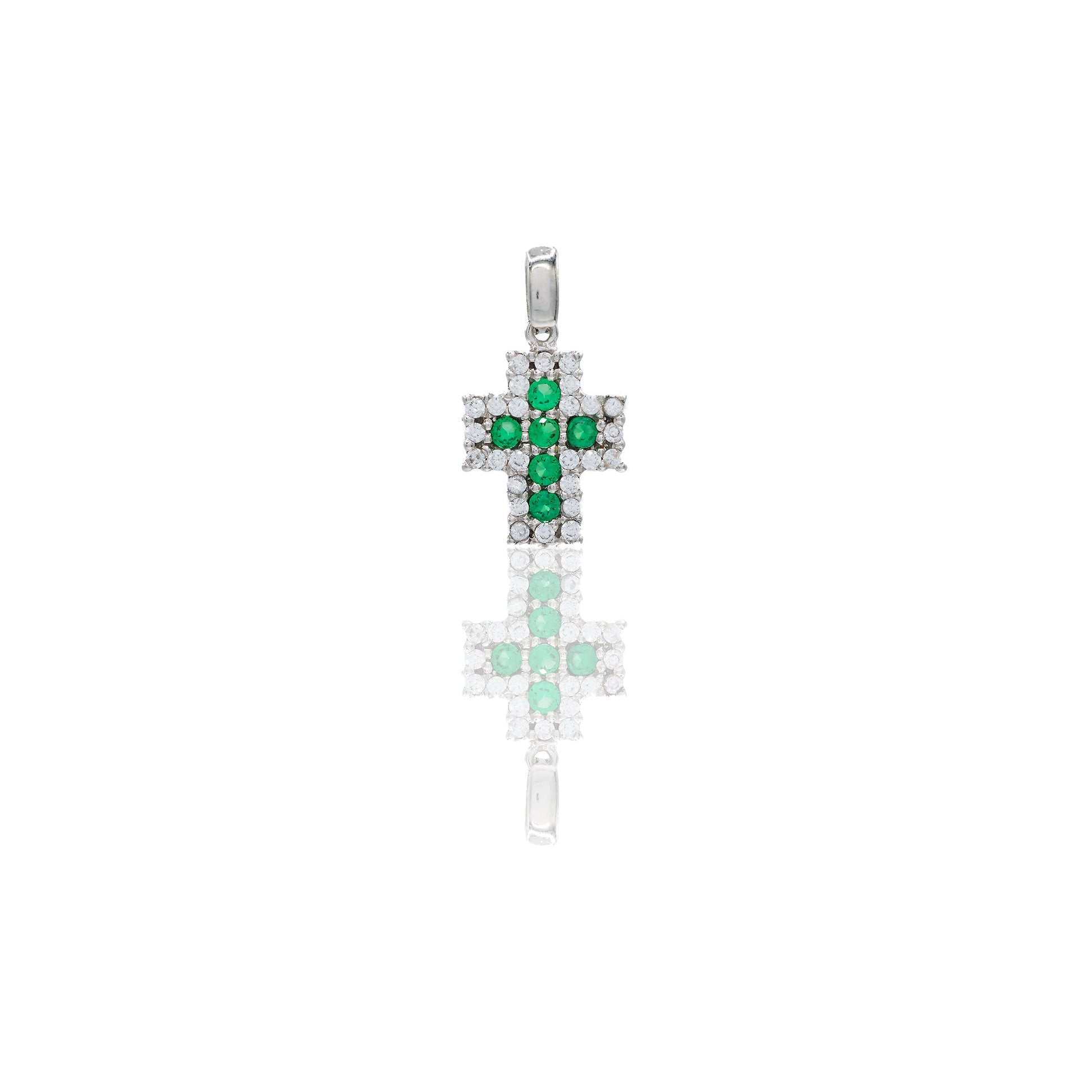 Ciondolo Oro Bianco Oro 18 carati Croce pavè Zirconi Verdi, Zirconi Bianchi lunghezza cm. 1,8 larghezza cm. 1,0