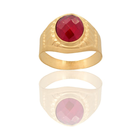 Anello Oro Giallo Oro 18 carati Uomo Scudo Tondo Pietra Rossa