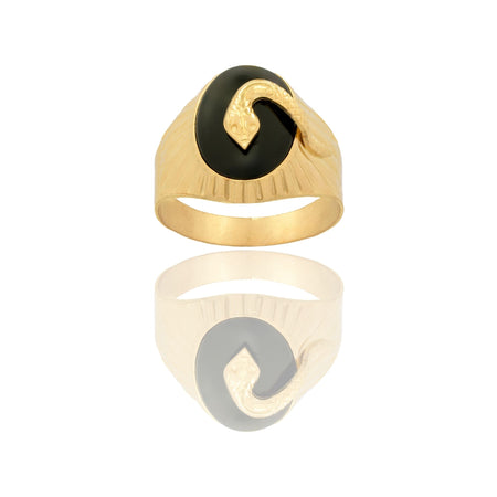 Anello Oro Giallo Oro 18 carati Uomo Scudo Ovale Con Serpente Pietra Onice