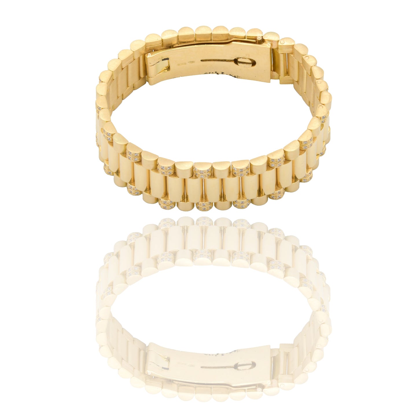 Bracciali Oro Giallo Oro 18 carati Maglia president laterale pave Zirconi Bianchi spessore 18mm