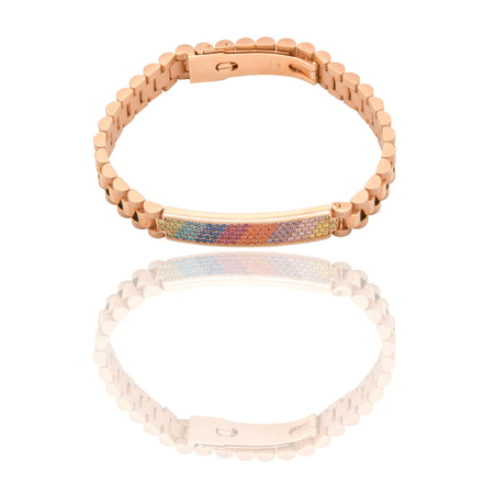 Bracciali Oro Rosa Oro 18 carati Maglia president con targa pave Zirconi Multicolor spessore 10mm