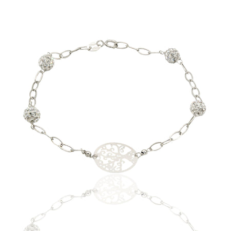 Bracciale Oro Bianco Oro 18 carati Maglia Morbida Con Albero Della Vita E Sfere Zirconi Bianchi cm 19