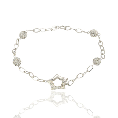 Bracciale Oro Bianco Oro 18 carati Maglia Morbida Con Stella E Sfere Zirconi Bianchi cm 19