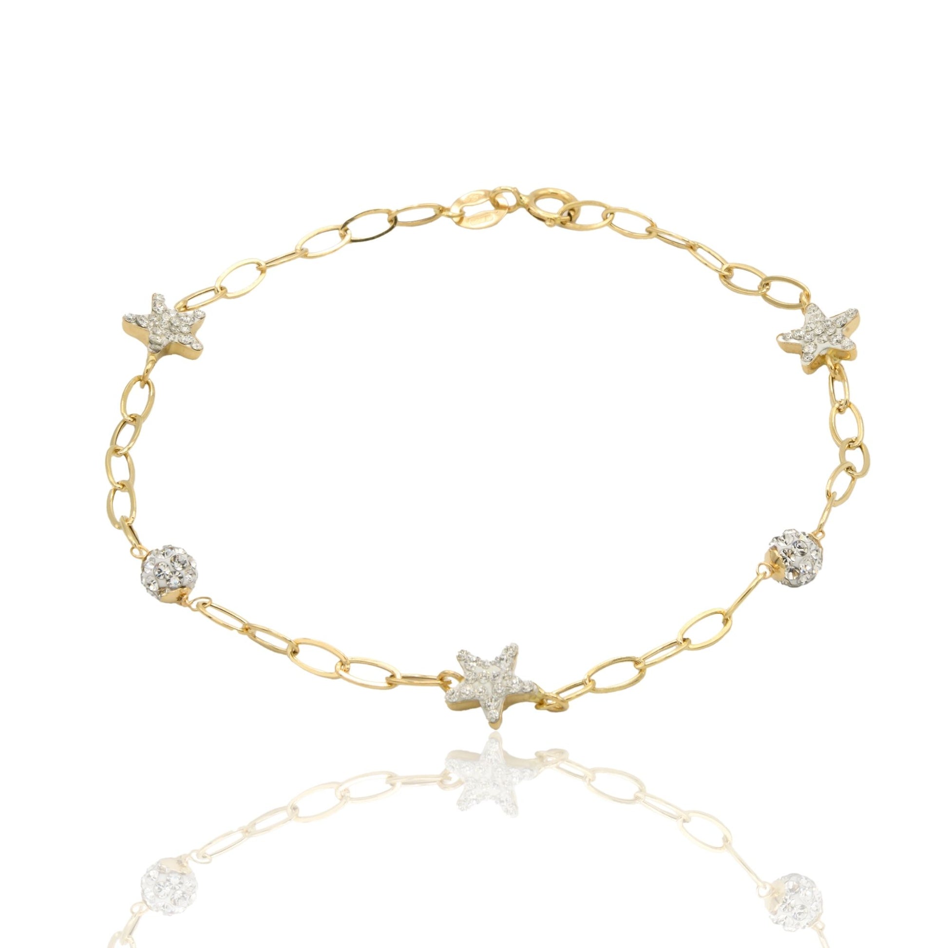 Bracciale Oro Giallo Oro 18 carati Maglia Morbida Con Stella E Sfere Zirconi Bianchi cm 19