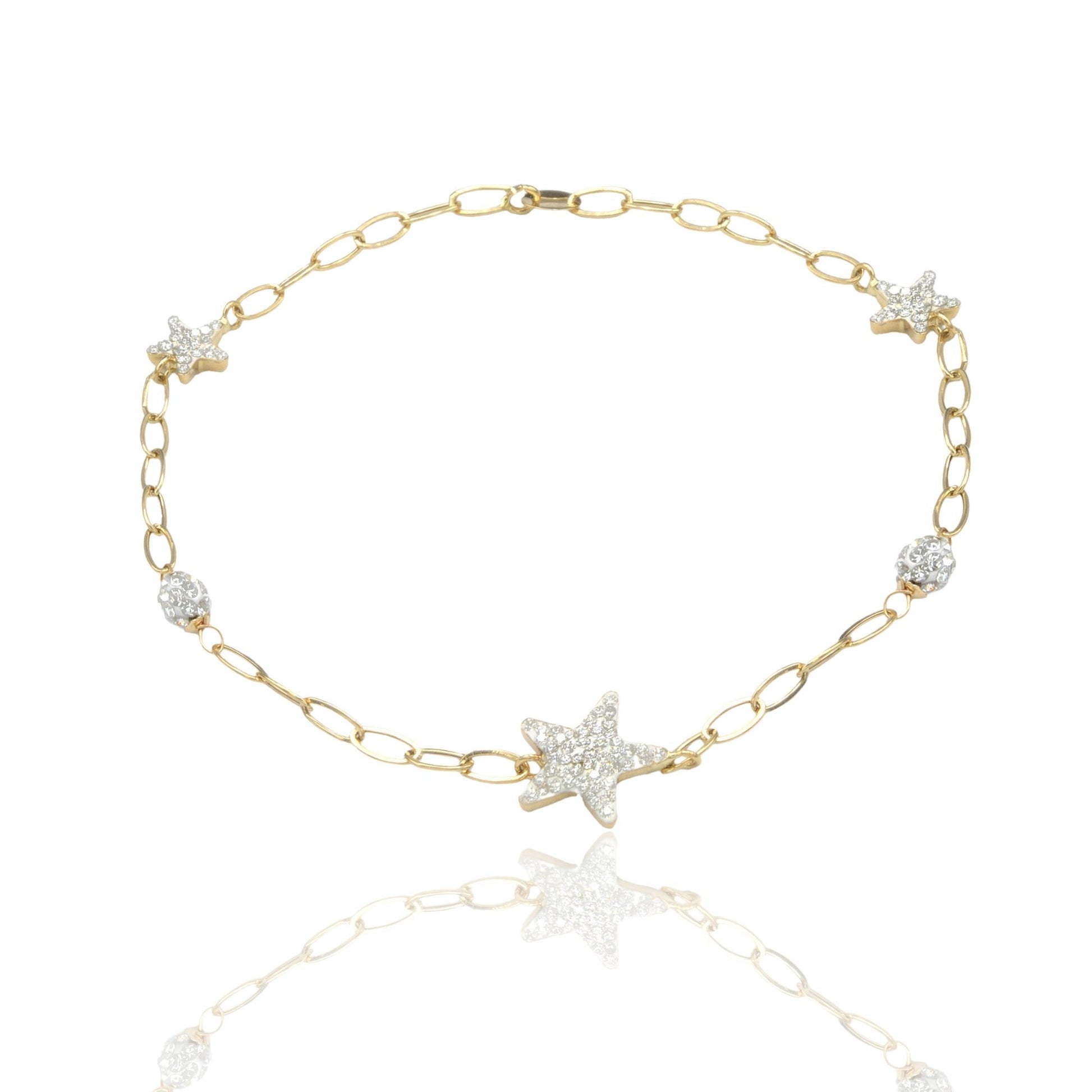 Bracciale Oro Giallo Oro 18 carati Maglia Morbida Con Stella E Sfere Zirconi Bianchi