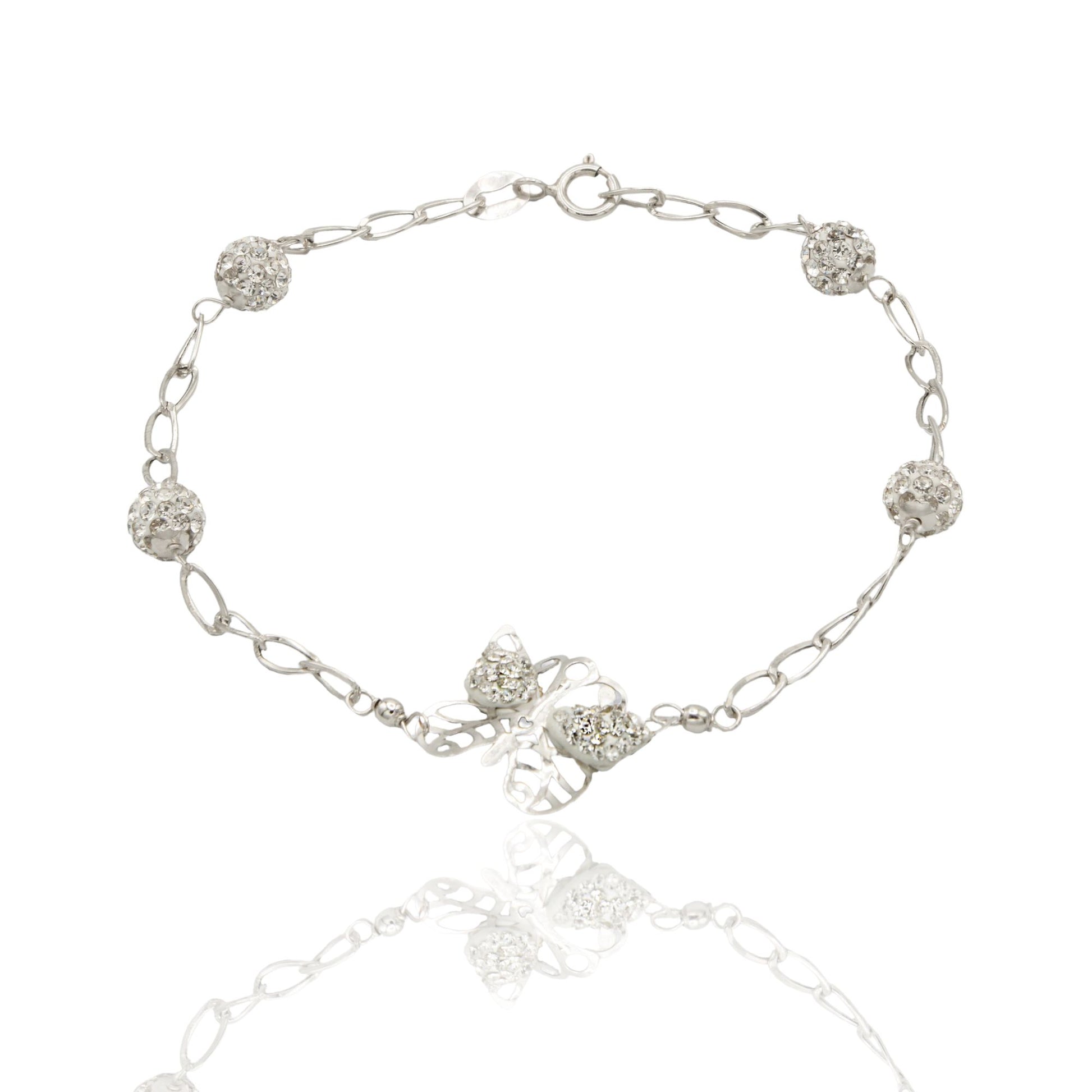 Bracciale Oro Bianco Oro 18 carati Maglia Morbida Con Farfalla E Sfere Zirconi Bianchi cm 18