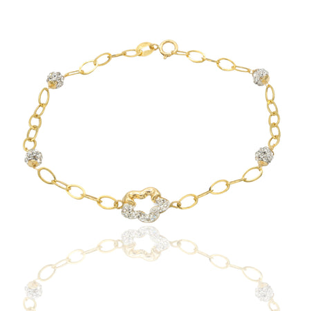 Bracciale Oro Giallo Oro 18 carati Maglia Morbida Con Fiore E Sfere Zirconi Bianchi cm 18.5