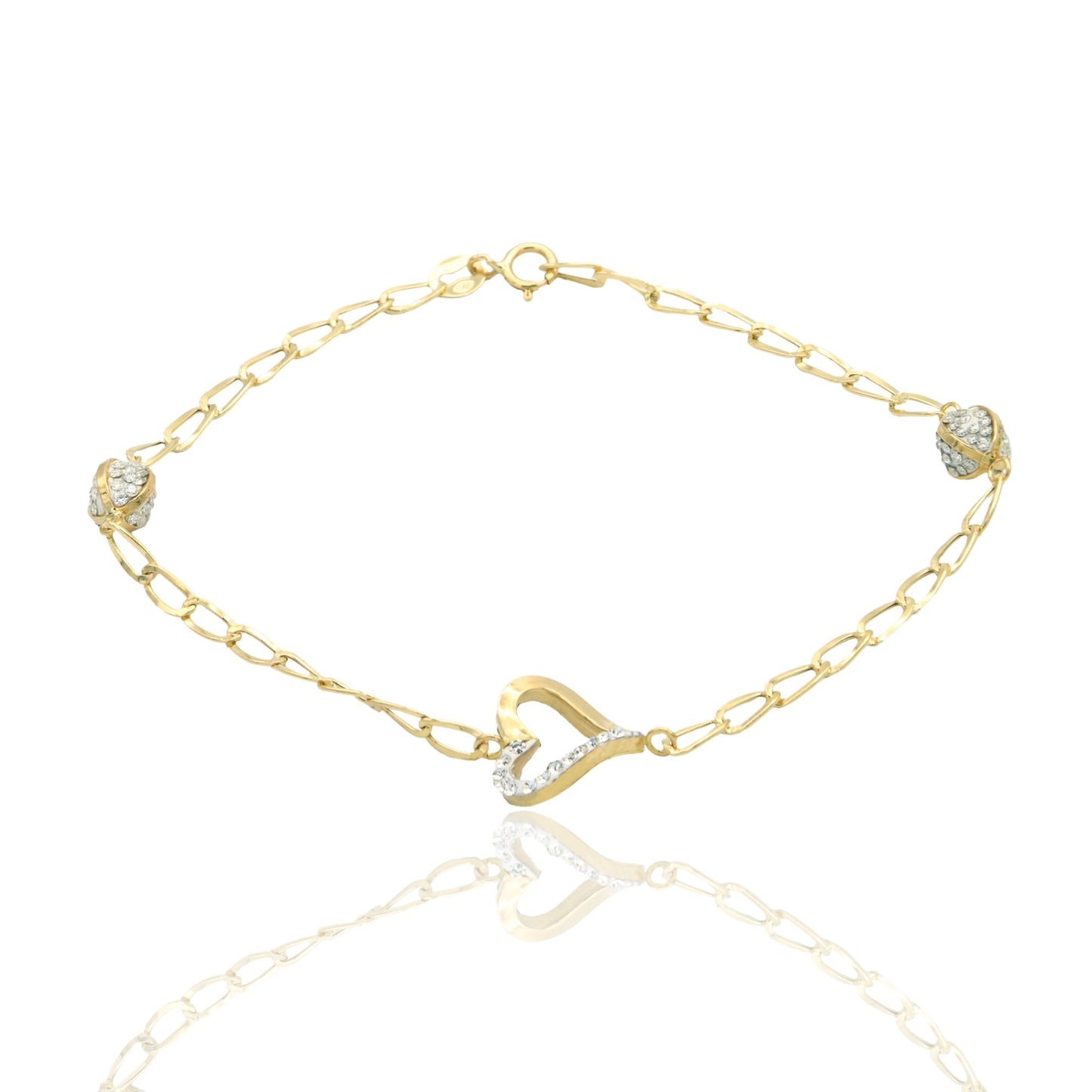 Bracciale Oro Giallo Oro 18 carati Maglia Morbida Con Cuore E Sfere Zirconi Bianchi