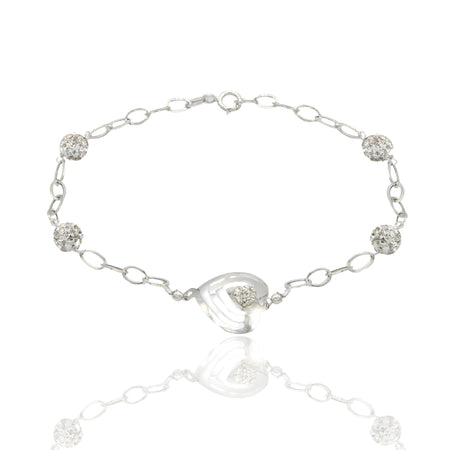 Bracciale Oro Bianco Oro 18 carati Maglia Morbida Con Cuore E Sfere Zirconi Bianchi