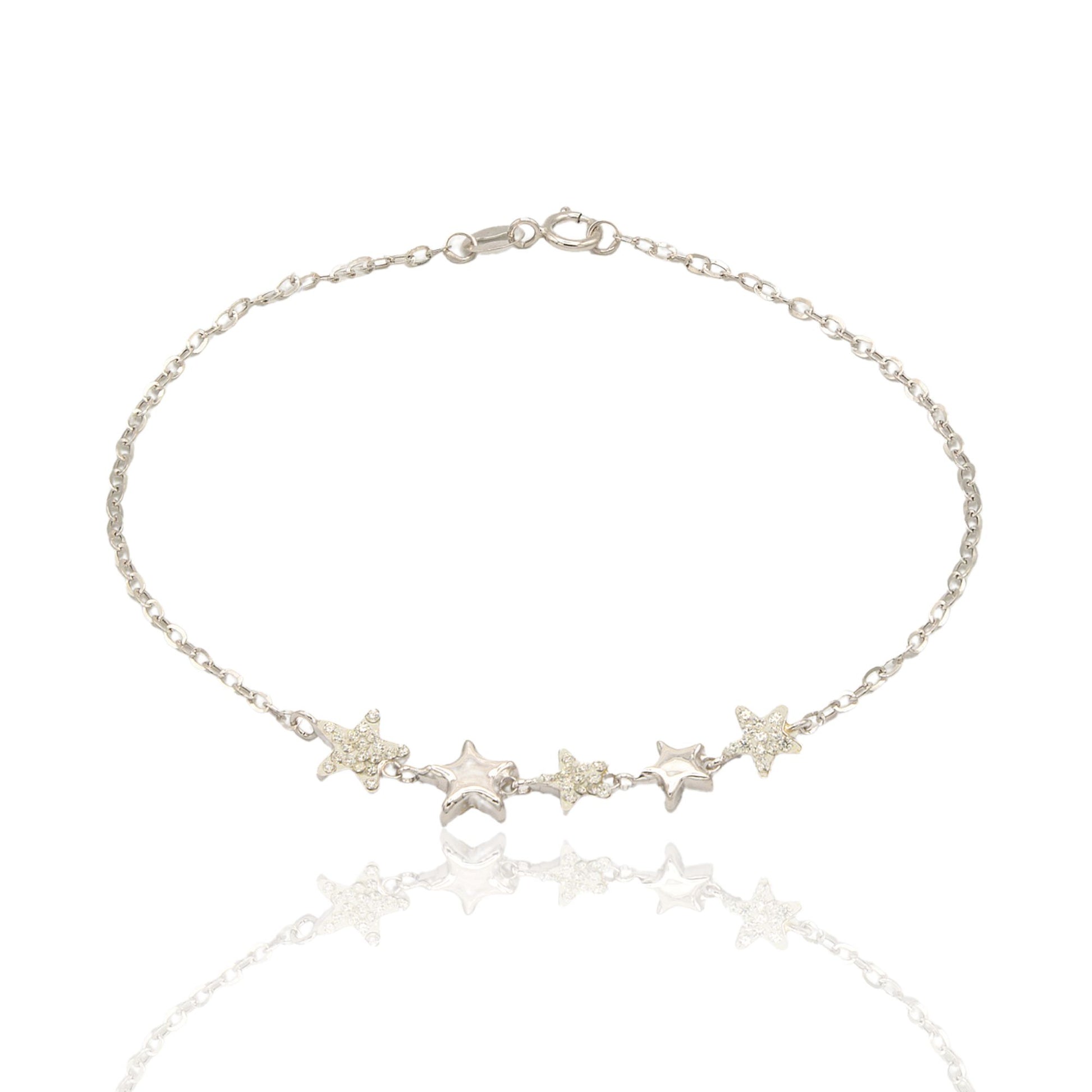 Bracciale Oro Bianco Oro 18 carati Catena Con Stelle Lucide E Zirconate Zirconi Bianchi cm 18.5
