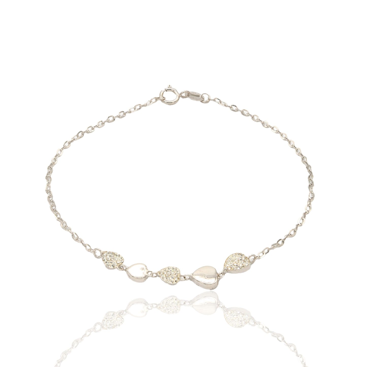 Bracciale Oro Bianco Oro 18 carati  Catena Con Cuori Lucidi E Zirconati Zirconi Bianchi