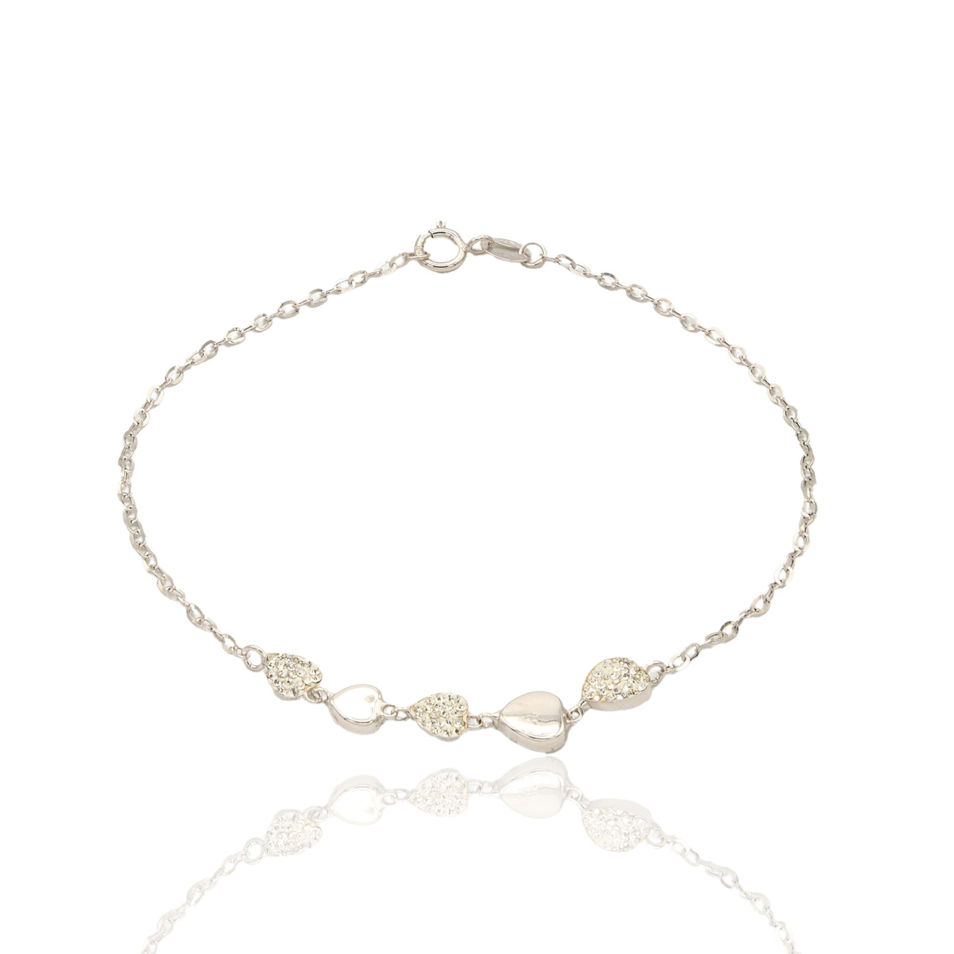 Bracciale Oro Bianco Oro 18 carati  Catena Con Cuori Lucidi E Zirconati Zirconi Bianchi