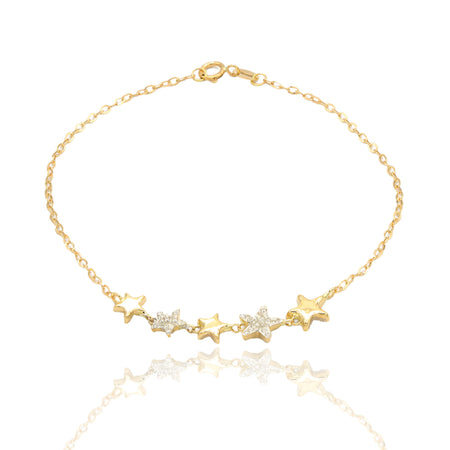 Bracciale Oro Giallo Oro 18 carati Catena Con Stelle Lucide E Zirconate Zirconi Bianchi