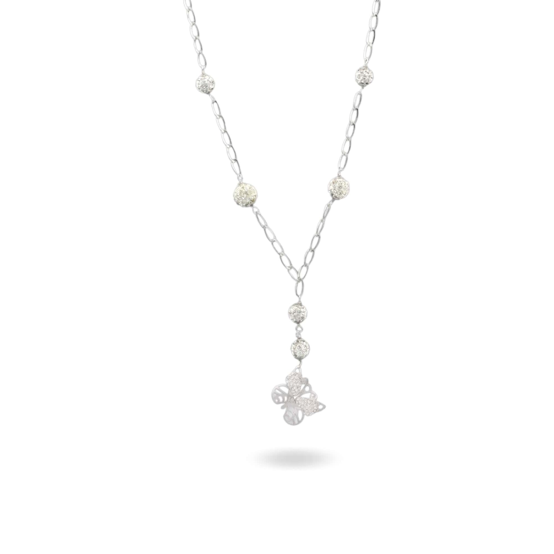Collana Oro Bianco Oro 18 carati Farfalla Traforata Pendente Zirconi Bianchi
