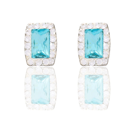 Orecchini Oro Bianco Oro 18 carati Rettangolo Pietra Centrale Contorno Pave' Zirconi Bianchi, Zircone Azzurro 