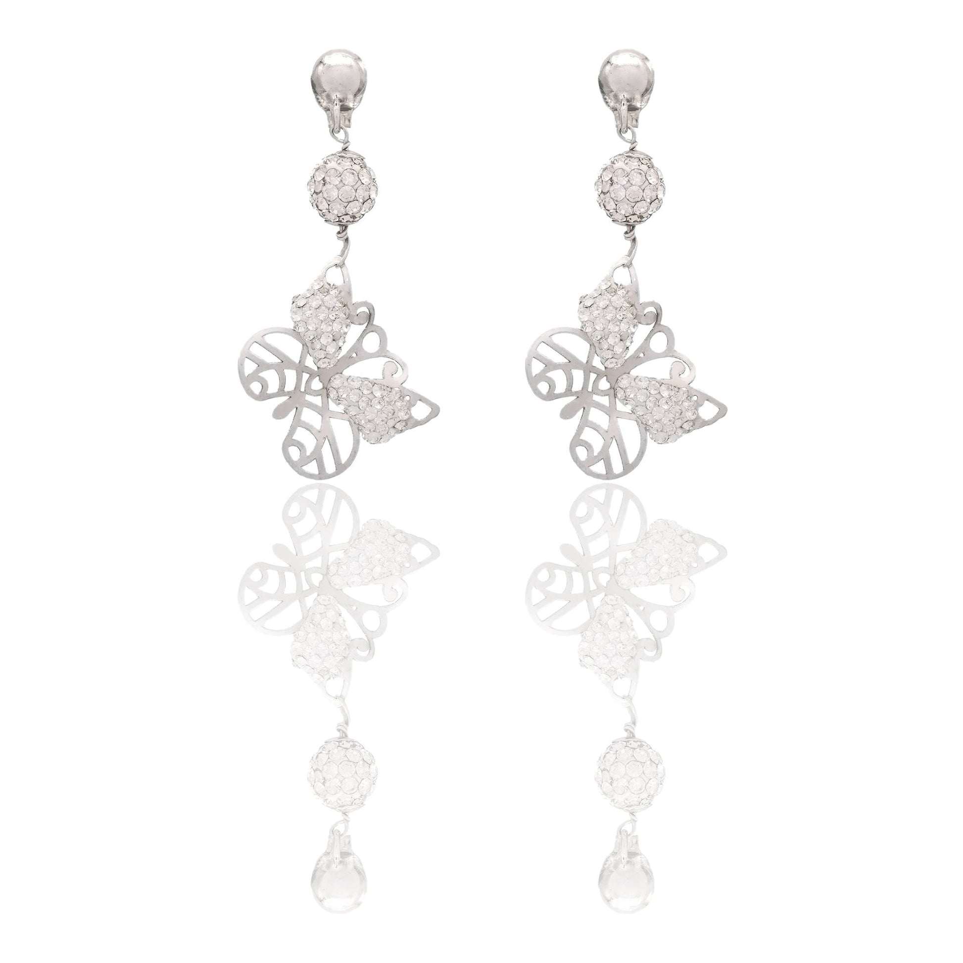 Orecchini Oro Bianco Oro 18 carati Farfalla Traforata Pendente Zirconi Bianchi