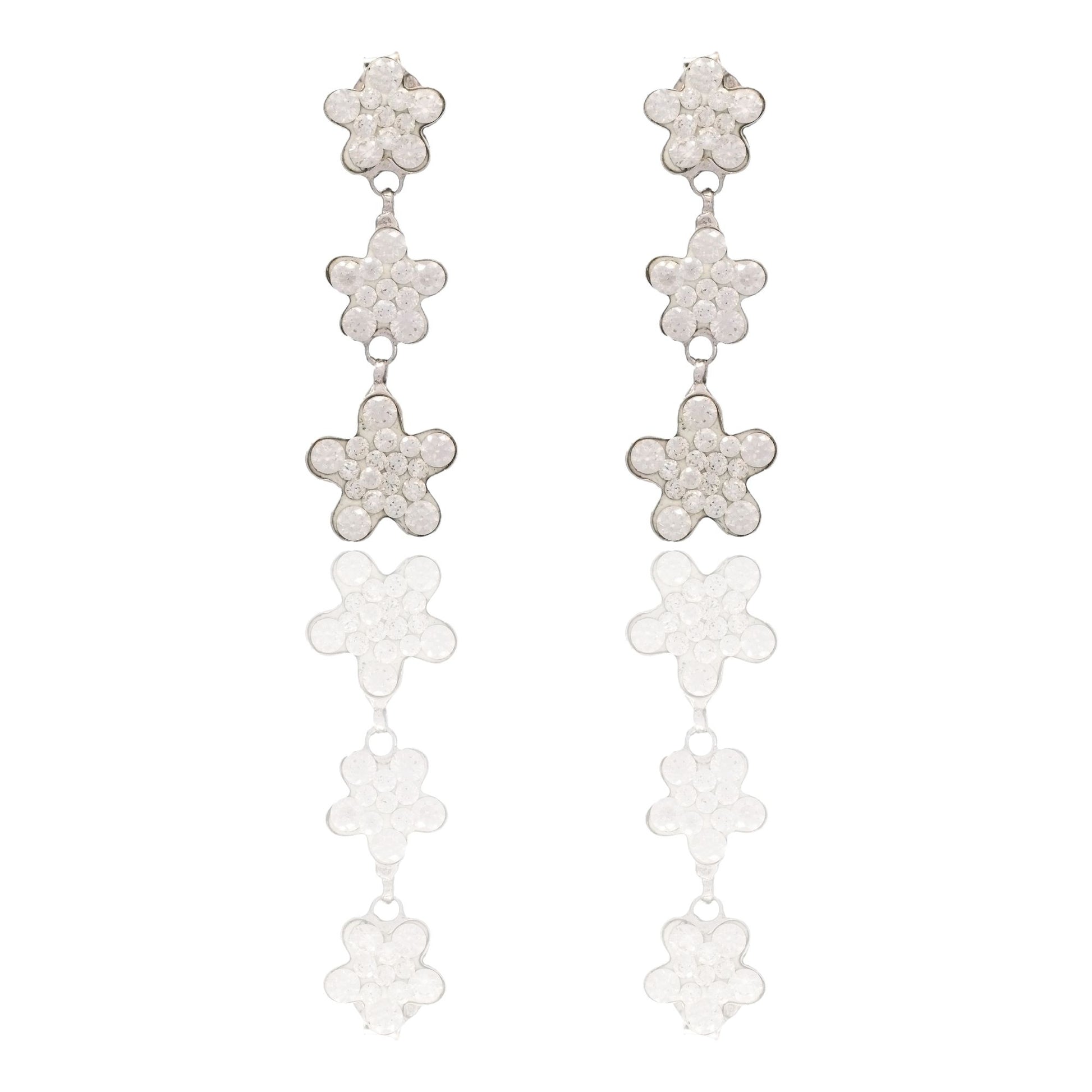 Orecchini Oro Bianco Oro 18 carati Trilogy Fiori Zirconati Pendenti Zirconi Bianchi
