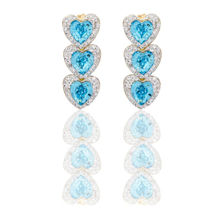 Orecchini Oro Bianco Oro 18 carati Trilogy Cuori  Pendenti Contorno Pave' Zirconi Azzurri, Zirconi Bianchi 