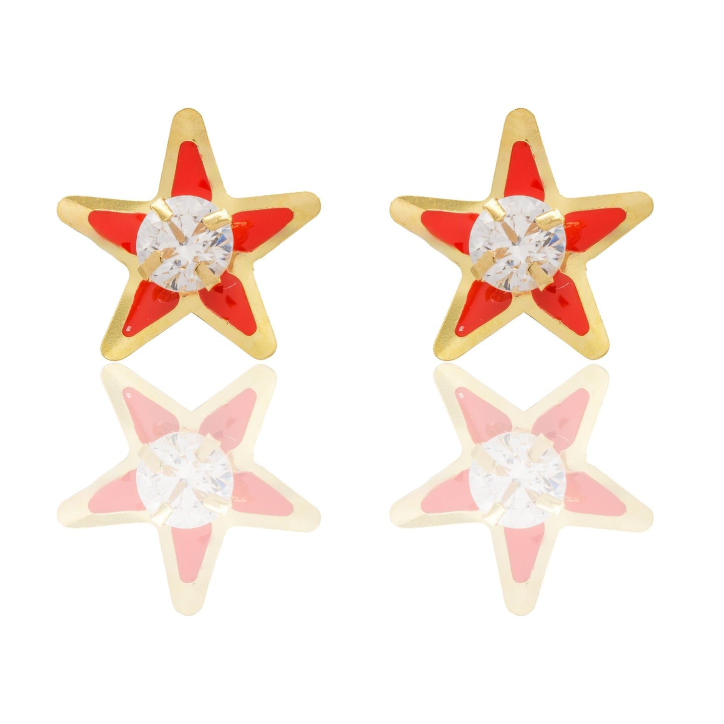 Orecchini Oro Giallo Oro 18 carati Stelle Smaltate Con Pietra Centrale Zircone Bianco, Smalto rosso 