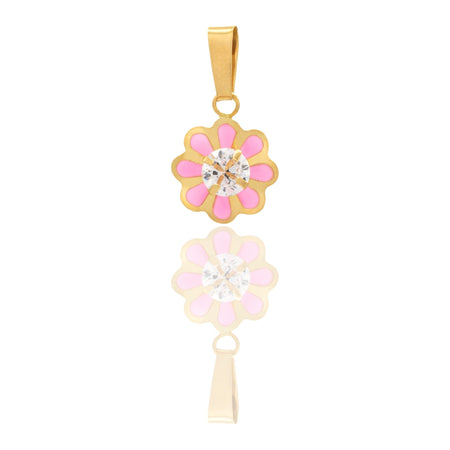 Ciondolo Oro Giallo Oro 18 carati  Fiore Smaltato Con Pietra Centrale Smalto Rosa, Zircone Bianco cm.1,5