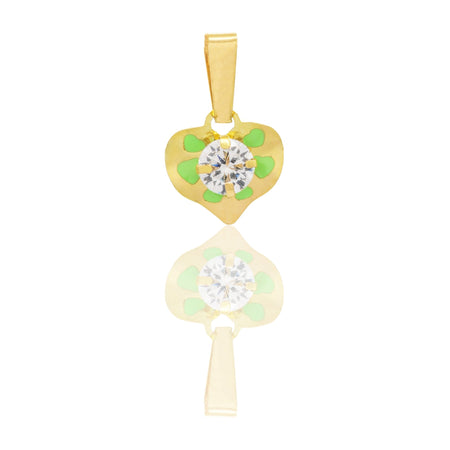 Ciondolo Oro Giallo Oro 18 carati  Cuore Smaltato Con Pietra Centrale Zircone Bianco, Smalto verde cm.1,3