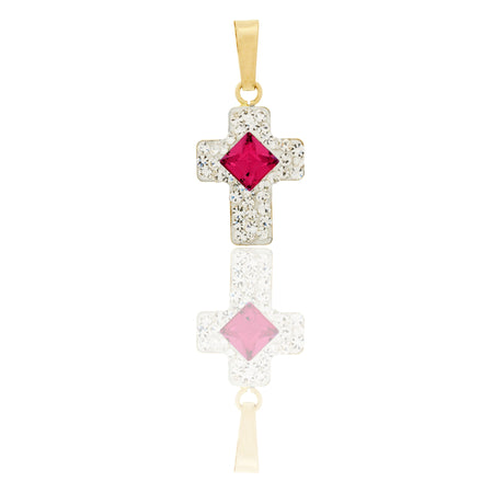 Ciondolo Oro Giallo Oro 18 carati Croce Zirconata Pietra Centrale Rombo Pavè Zirconi bianchi, Zircone Rosso cm.1