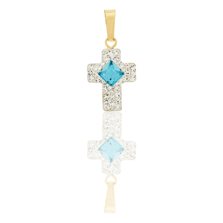 Ciondolo Oro Giallo Oro 18 carati Croce Zirconata Pietra Centrale Rombo Pavè Zirconi bianchi, Zircone Azzurro cm. 1