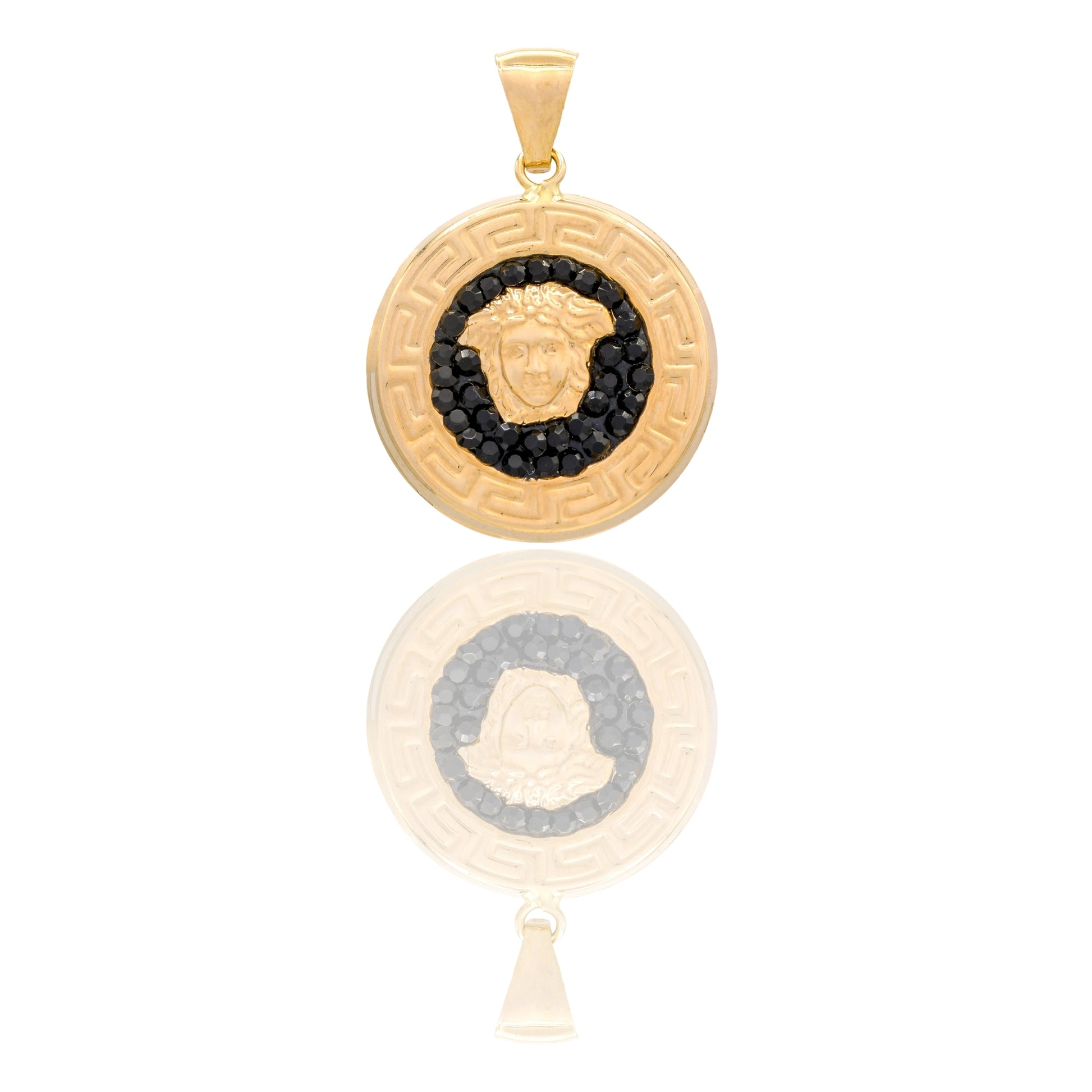 Ciondolo Oro Giallo Oro 18 carati Medaglia Tonda Con Medusa Centrale Zirconi Neri cm.2.5