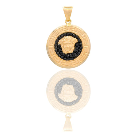 Ciondolo Oro Giallo Oro 18 carati Medaglia Tonda Con Medusa Centrale Zirconi Neri cm.2.5