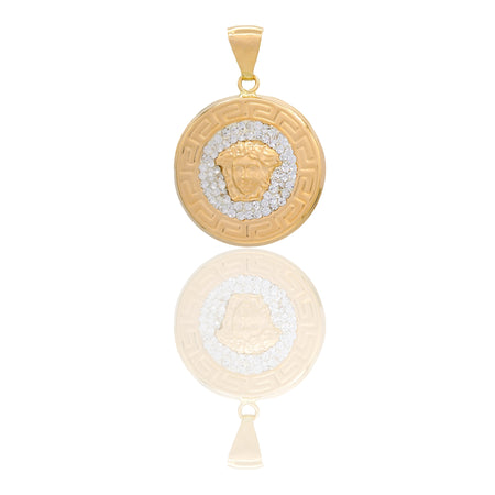 Ciondolo Oro Giallo Oro 18 carati Medaglia Tonda Con Medusa Centrale Zirconi Bianchi cm.2.5