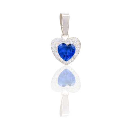 Ciondolo Oro Bianco Oro 18 carati Cuore Centro E Contorno Pavè Zirconi bianchi, Zircone Blu cm.1