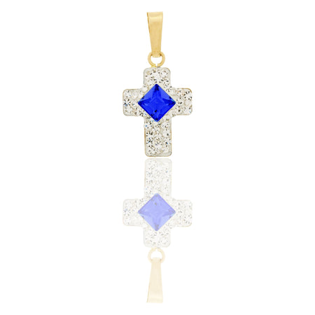 Ciondolo Oro Giallo Oro 18 carati Croce Zirconata Pietra Centrale Rombo Pavè Zirconi bianchi, Zircone Blu cm.2