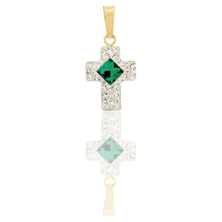Ciondolo Oro Giallo Oro 18 carati Croce Zirconata Pietra Centrale Rombo Pavè Zirconi bianchi, Zircone Blu cm.2