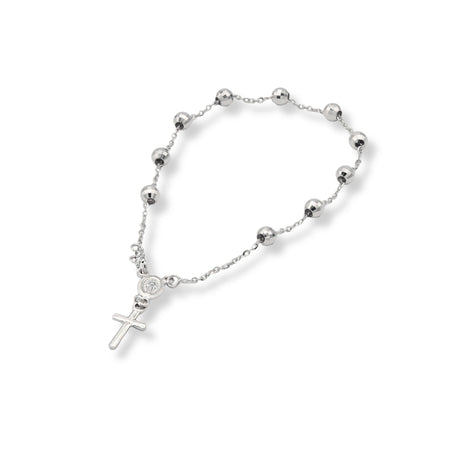 Bracciale Oro Bianco Oro 18 carati Rosario Croce Pendente Solo Oro Sfera mm. 5
