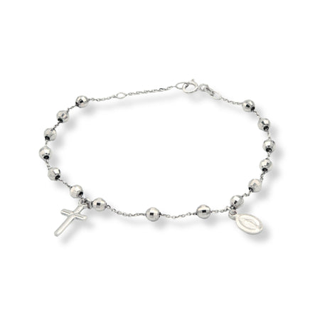 Bracciale Oro Bianco Oro 18 carati Rosario Modello Pendente Zirconi Bianchi Sfera mm. 4
