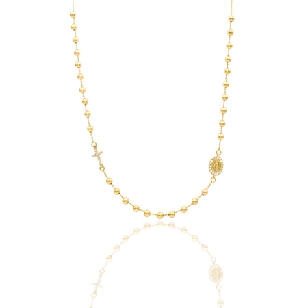 Collana Oro Giallo Oro 18 carati Rosario Girocollo Sfere Lisce Madonna E Croce Zirconi Bianchi