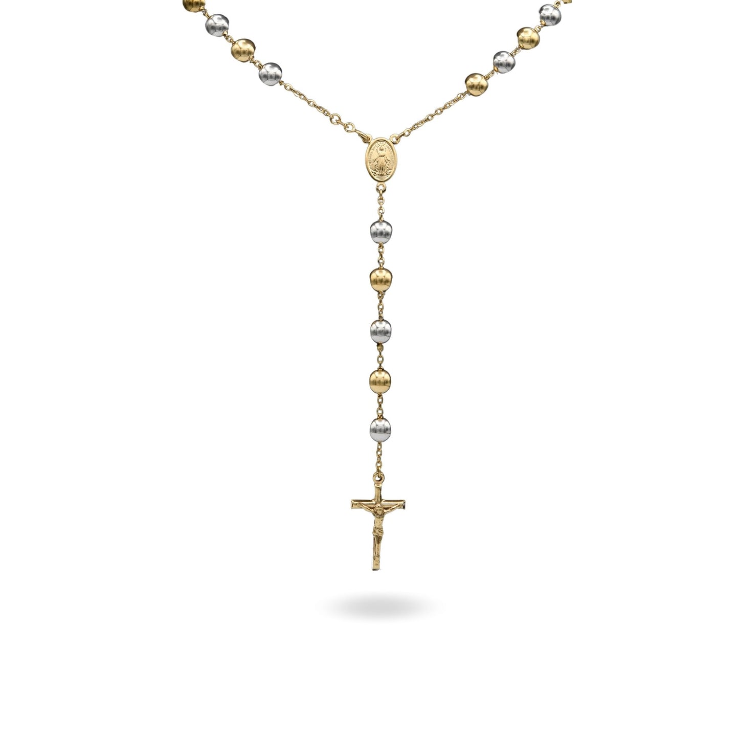 Collana Oro Giallo, Oro Bianco Oro 18 carati Rosario Modello Pendente Solo Oro 60 cm.Sfera mm. 8