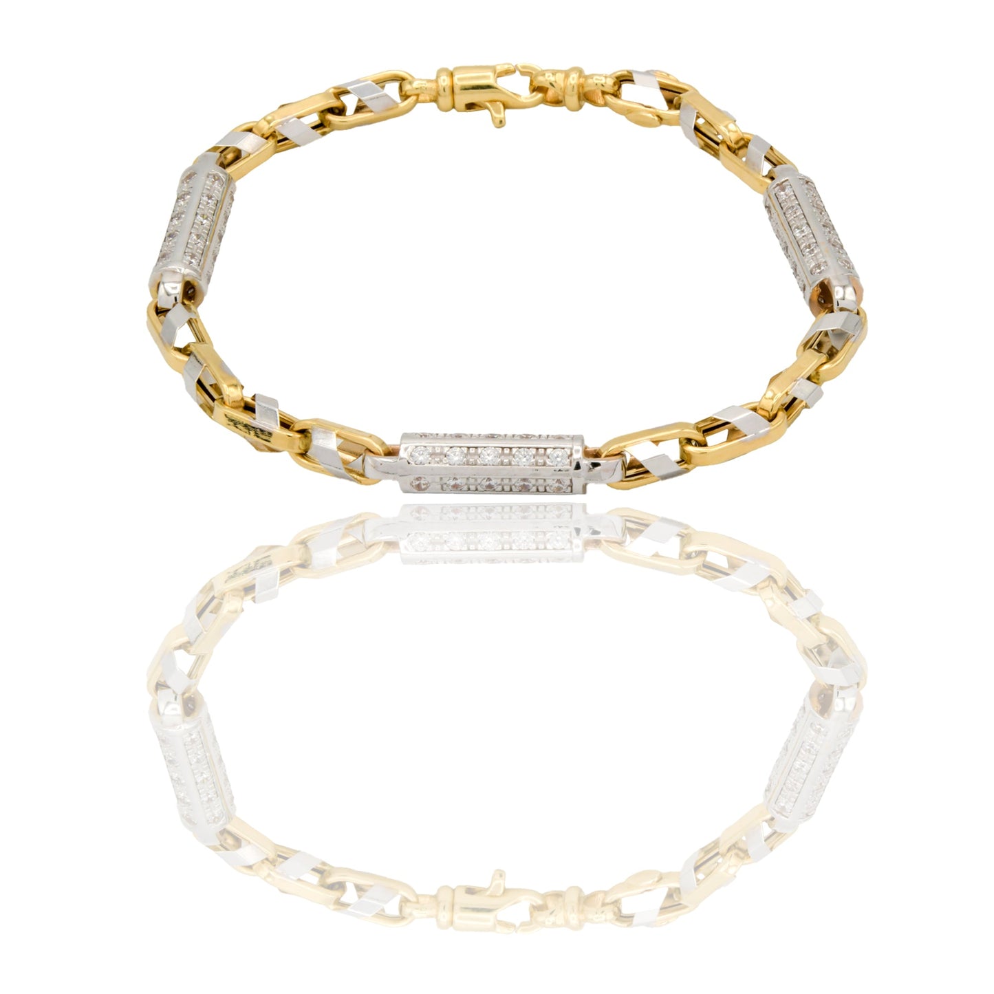 Bracciali Oro Giallo, Oro Bianco Catena vuota  Zirconi Bianchi cm. 22