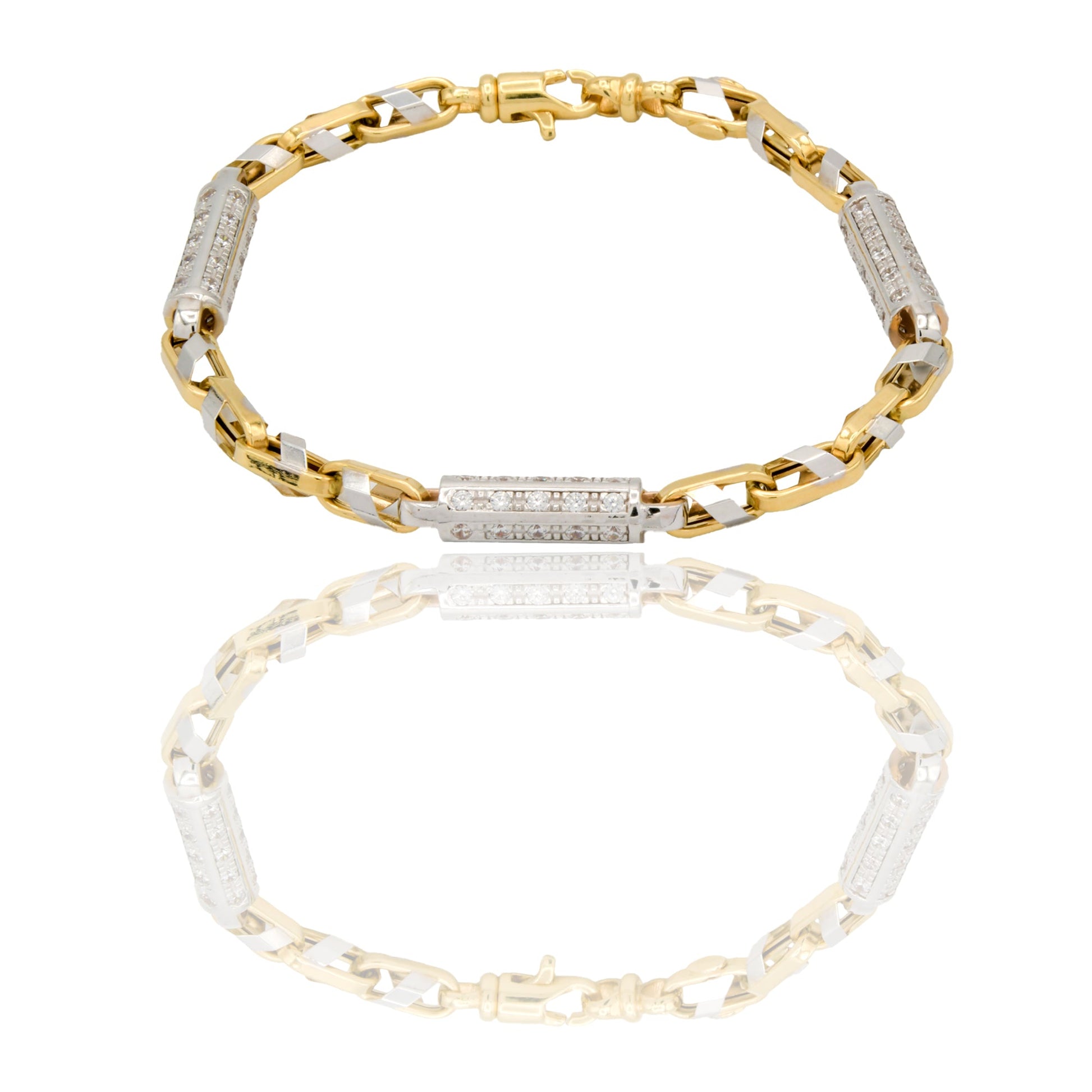 Bracciali Oro Giallo, Oro Bianco Catena vuota  Zirconi Bianchi cm. 22