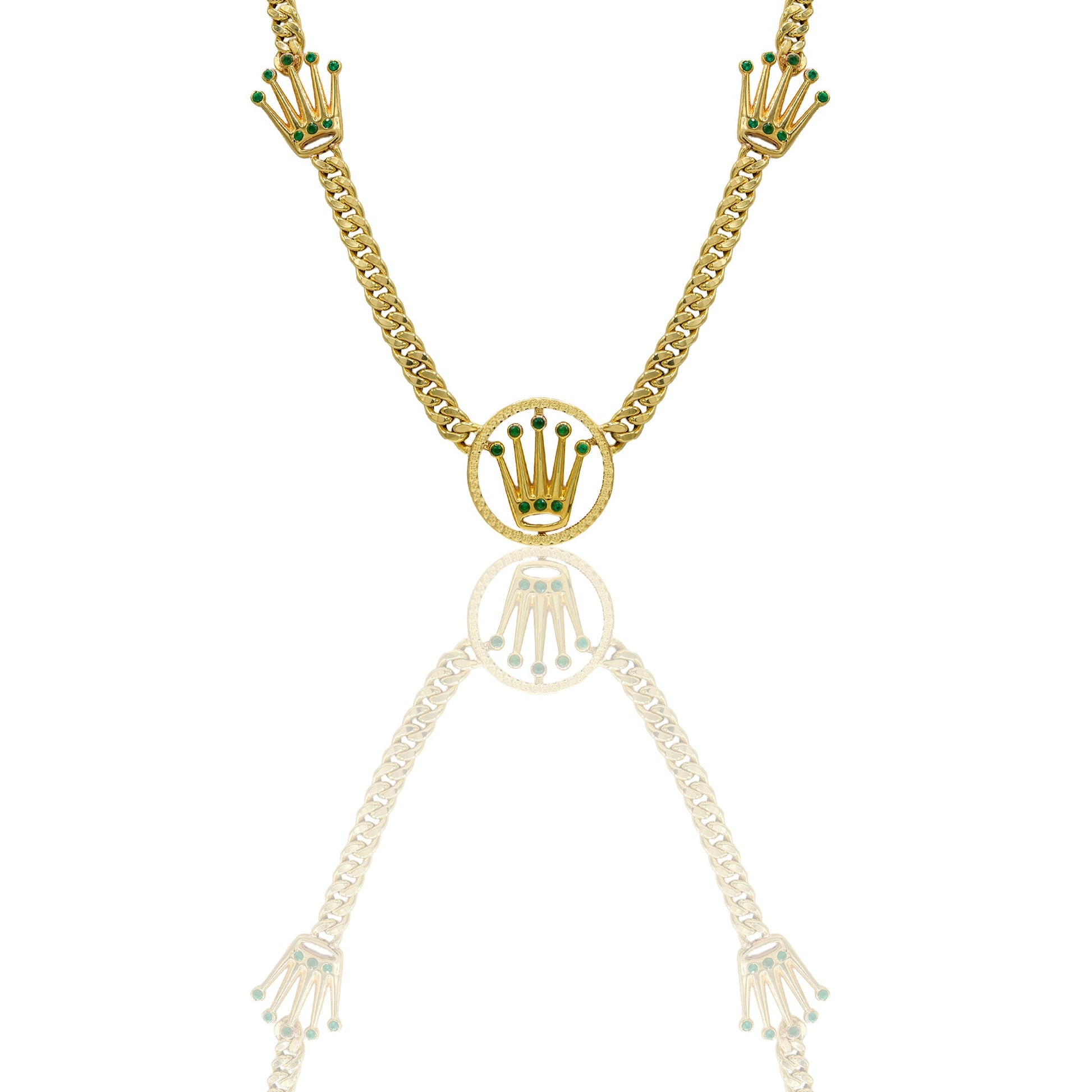 Collana Oro Giallo Oro 18 carati Groumette con cerchio e Corone Zirconi Verdi lunghezza cm. 65,00 Cerchio diam. 3,00