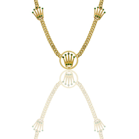 Collana Oro Giallo Oro 18 carati Groumette con cerchio e Corone Zirconi Verdi lunghezza cm. 65,00 Cerchio diam. 3,00