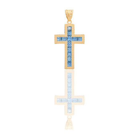 Ciondoli Oro Giallo Oro 18 carati Croce diamantata Zirconi Azzurri 4,5cm x 2,3cm