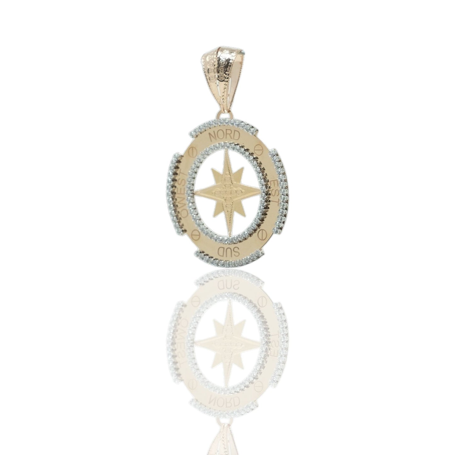 Ciondoli Oro Rosa Oro 18 carati Rosa dei venti tonda traforata Zirconi Bianchi 6cm x 4,5cm