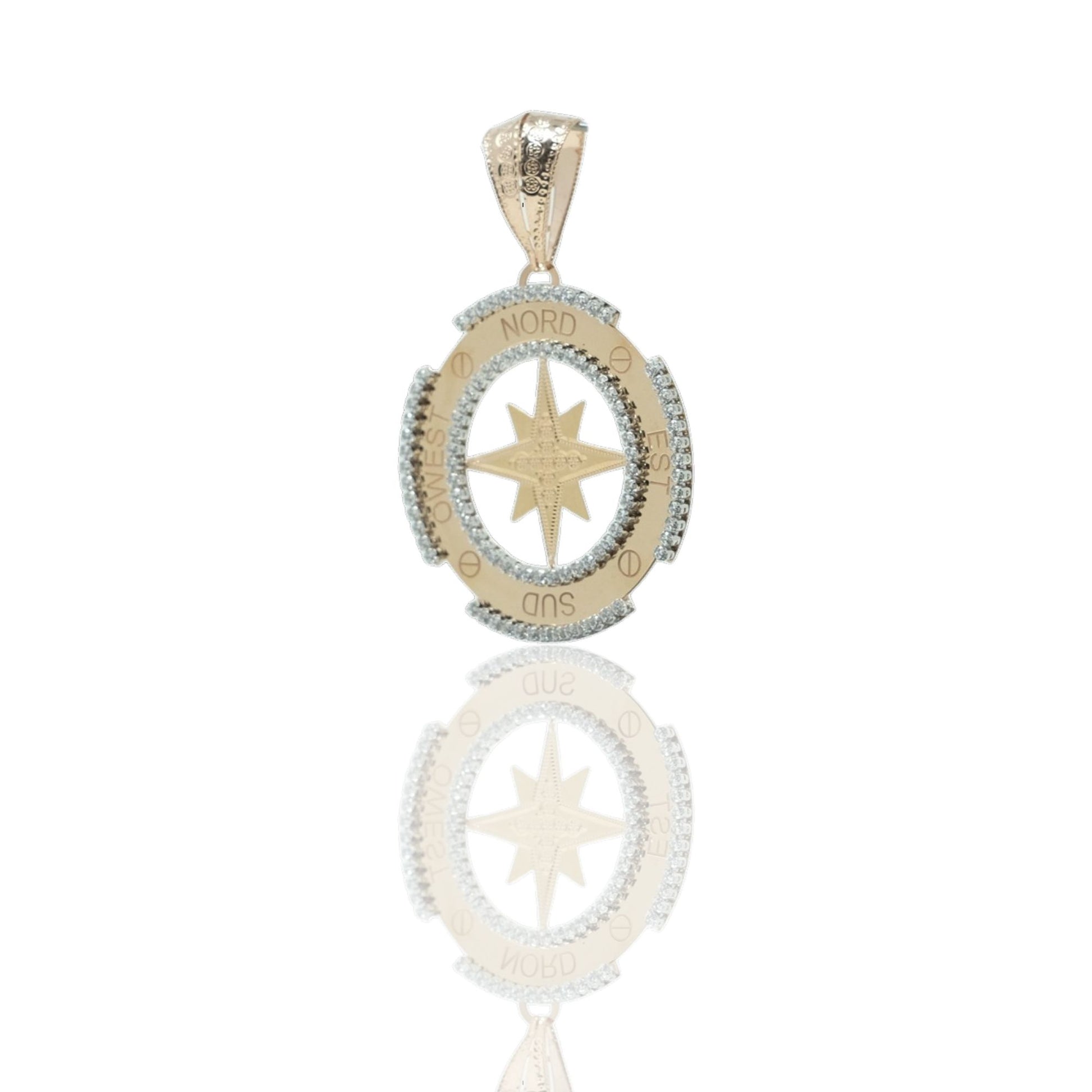 Ciondoli Oro Rosa Oro 18 carati Rosa dei venti tonda traforata Zirconi Bianchi 6cm x 4,5cm